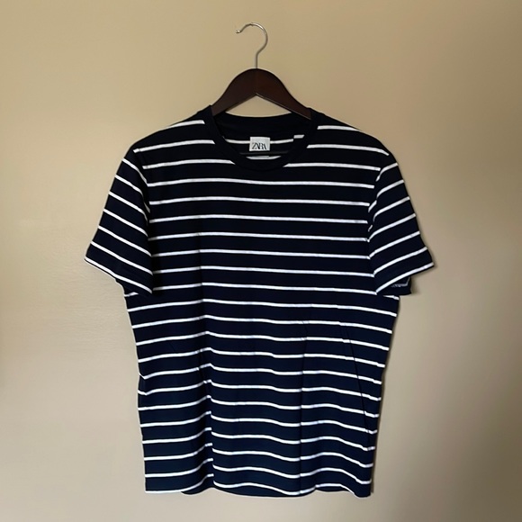 Zara Striped Summer Tshirt Blue and White size M - Picture 1 of 6